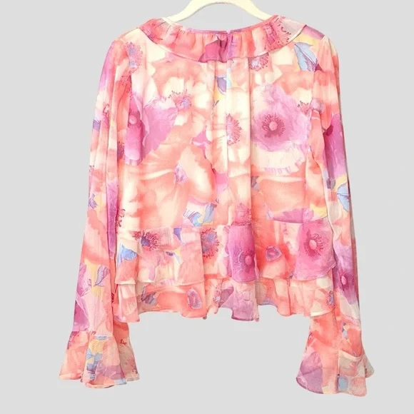 VICI Womens S Sheer Fairy Oversized Ruffle Blouse Whimsical Romantic Blush - Picture 7 of 9
